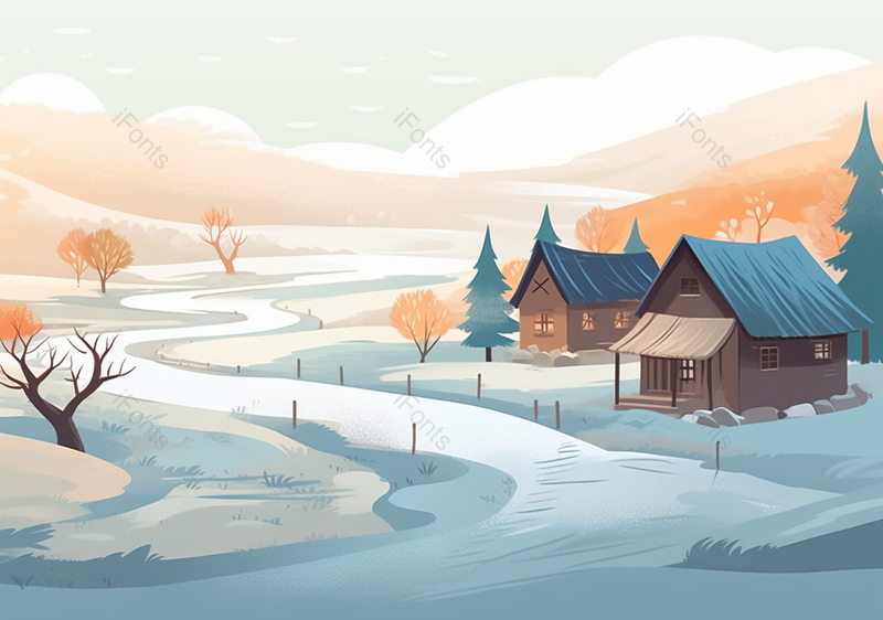 黄色山坡下村庄里的小道大寒中国风手绘背景,插画/手绘图,插画/手绘图库,插画/手绘图下载,插画/手绘
